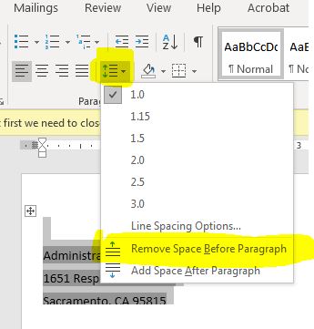 how to remove line spaces in word mail merge