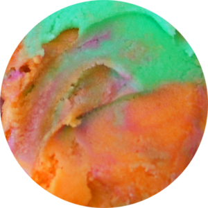 Tri-color ice cream with orange (orange), raspberry (pink), and lime(green). 3% dairy fat.